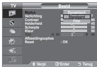 TV Modus Verlichting Contrast Helderheid Scherpte Kleur G 50 Abbeeldingsopties Reset : OK Dynamisch 7 95 45 50 50 Verpl. Enter Terug