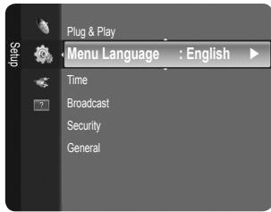 Plug & Play Menu Language : English Time Broadcast Security General