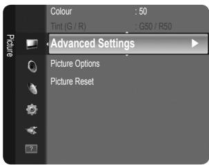 Colour : 50 Tint (G / R) : G50 / R50 Picture Advanced Settings Picture Options Picture Reset