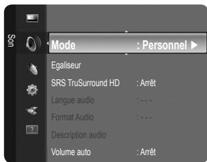 Mode : Personnel Egaliseur SRS TruSurround HD : Arrêt Langue audio :--- Format Audio :--- Description audio Volume auto : Arrêt