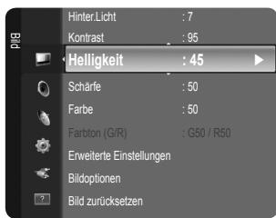 Modus : Standard Hinter Licht : 7 Kontrast : 95 Helligkeit : 45 Scharfe : 50 Farbe : 50 Farbton (G/R) : G50 / R50