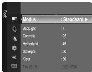 Modus : Standaard ▶ Backlight : 7 Contrast : 95 Helderheid : 45 Scherpte : 50 Kleur : 50 Tint (G / R) : G50 / R50