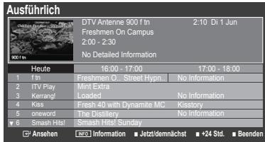Ausführlich DTV Antenne 900 f tn 2:10 Di 1 Jun Freshmen On Campus 2:00 - 2:30 No Detailed Information Heute 16:00 - 17:00 17:00 - 18:00 1 f tn Breshmen O... Street Hypn... No Information 2 ITV Play Mint Extra 3 Kerrangf Loaded No Information 4 Kiss Fresh 40 with Dynamite MC Kistory 5 oneword The Distillery 6 Smash Hit Smash Hit/Sunday ■ Ansehen ■ No Information ■ Jetzt/demnächst ■ +24 Std. ■ Beenden