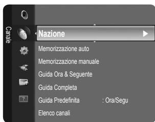 Nazione Memorizzazione auto Memorizzazione manuale Guida Ora & Seguente Guida Completa Guida Predefinita : Ora/Segu Elenco canali