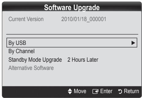 Software Upgrade Current Version 2010/01/18_000001 By USB By Channel Standby Mode Upgrade 2 Hours Later Alternative Software Move Enter Return