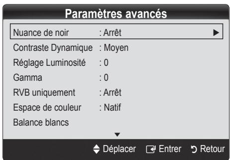 Paramètres avancés Nuance de noir : Arrêt Contraste Dynamique : Moyen Réglage Luminosité : 0 Gamma : 0 RVB uniquement : Arrêt Espace de couleur : Natif Balance blancs Déplacer Entrer Retour