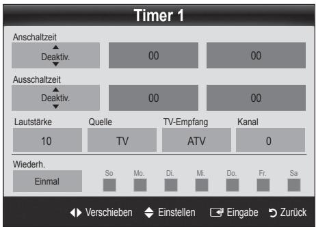 Timer 1 Anschaltzeit Deaktiv. 00 00 Ausschaltzeit Deaktiv. 00 00 Lautstärke 10 Quelle TV TV-Empfang ATV Kanal 0 Wiederh. Einmal So Mo. Di. Mi. Do. Fr. Sa Verschieben Einstellen Eingabe Zurück