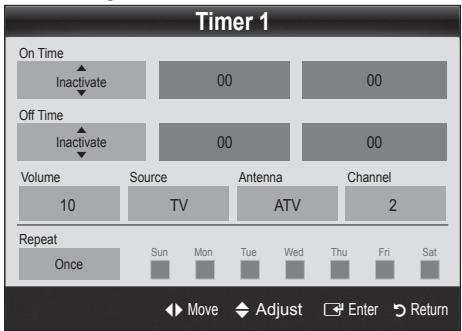 Timer 1 On Time Inactivate 00 00 Off Time Inactivate 00 00 Volume Source Antenna Channel 10 TV ATV 2 Repeat Once Sun Mon Tue Wed Thu Fri Sat Move Adjust Enter Return