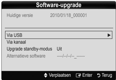Software-upgrade Huidige versie 2010/01/18_000001 Via USB Via kanaal Upgrade standby-modus Uit Alternatieve software ----/--/--/- Verplaatsen Enter Terug