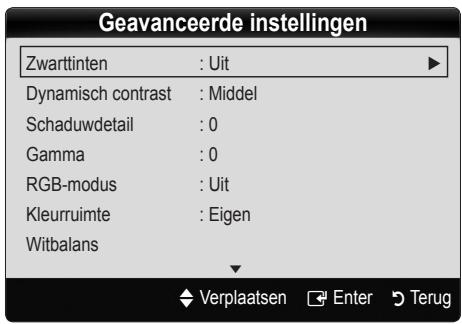 Geavanceerde instellingen Zwarttinten : Uit Dynamisch contrast : Middel Schaduwdetail : 0 Gamma : 0 RGB-modus : Uit Kleurruimte : Eigen Witbalans Verplaatsen Enter Terug