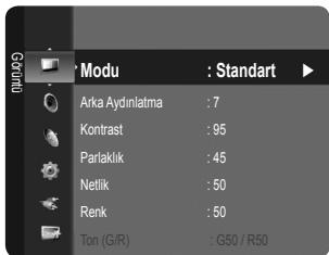 Glenml Arka Aydınlatma : 7 Kontrast : 95 Parlaklık : 45 Netlik : 50 Renk : 50 Ton (G/R) : G50 / R50 Gelişmiş Ayarlar Resim Seçenekleri Resim Sifırlama