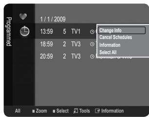 1 / 1 / 2009 Change Info Cancel Schedules Information Select All Programmed 13:59 5 TV1 18:59 2 TV3 20:59 2 TV3 All Zoom Select Tools Information