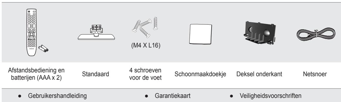Afstandsbediening en batterijen (AAA x 2) Standaard 4 schroeven voor de voet Schoonmaakdoekje Deksel onderkant Netsnoer • Gebruikershandleiding • Garantiekaart • Veiligheidsvoorschriften