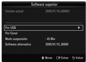 Software superior Version actual 2009/01/18_000001 Por USB Por Canal Modo suspensión : 45 Min Software alternativo 2009/01/15_00000 Mover Entrar Volver