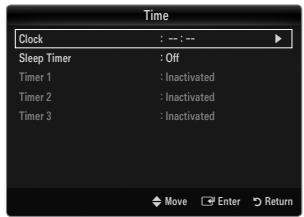 Time Clock : --: -- Sleep Timer : Off Timer 1 : Inactivated Timer 2 : Inactivated Timer 3 : Inactivated Move Enter Return