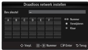 Draadloos netwerk instellen Bev.sleutel A B C D E F Nummer Verwideren Klaar Verpl. 0-9 Nummer Enter Terug