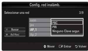Config. red inalamb. Seleccionar una red 3/9 sson PBC jee PIN AP_1 Ninguno Clave segur. Ap_2 Mover Entrar Volver
