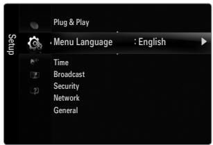 Plug & Play Menu Language : English Time Broadcast Security Network General