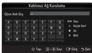 Kablosuz Ağ Kurulumu Güvn Anh Grış A B C D E F G H I J K L M N O P Q R S T U V W X Y Z Sayı Kılıç Kılış Harf Sil Bitti Taşı D 9 Sayı Giriş Geri