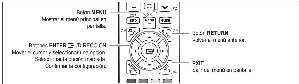 Botón MENU Mostrar el menú principal en pantalla. Botón RETURN Volver al menú anterior. Botones ENTER /DIRECCIÓN Mover el cursor y seleccionar una opción. Seleccionar la opción marcada. Confirmar la configuración. EXIT Salir del menú en pantalla.