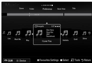 Music Genre Forder Preference Basic View Title Energetic 3/27 ★★★★ Glen Hans: Diaz Out 2007 Soundtrack I Love You Lies Want Me Way Halalfa Gold Shine SUM Device Favourites Settings Select Tools Return