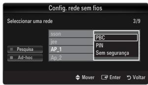Config. rede sem fios Seleccionar uma rede 3/9 sson PBC jee PIN AP_1 Sem segurança Ap_2 Pesquisa Ad-hoc Mover Enter Voltar