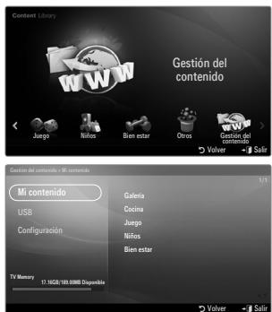 Content Library WWW Gestión del contenido Juego Niños Bien estar Otros Gestión del contenido Volver → Salir Gestión del contenido > MI contenido Mi contenido USB Configuración Galencia Cocina Juego Niños Bien estar TV Memory 17.16GB/100.00MB Disposable Volver → Salir