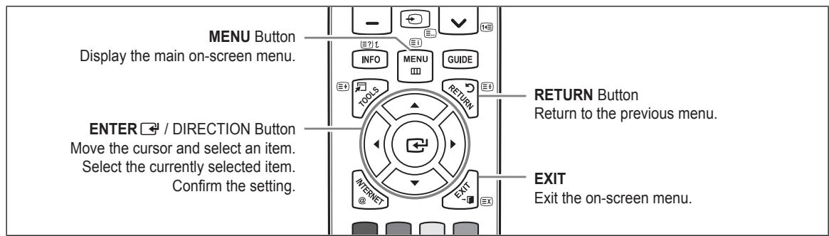 MENU Button Display the main on-screen menu. ENTER / DIRECTION Button Move the cursor and select an item. Select the currently selected item. Confirm the setting. RETURN Button Return to the previous menu. EXIT Exit the on-screen menu.