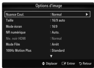 Options d'image Nuance Coul. : Normal Taille : 16/9 auto Mode écran : 16:9 NR numérique : Auto. Niv. noir HDMI : Normal Mode Film : Arrêt 100Hz Motion Plus : Standard Déplacer Entrer Retour