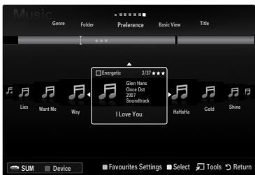 Music Genre Forder Preference Basic View Title Energetic 3/27 ★★★★ Gain Hans Chuck Out 2007 Soundtrack I Love You Lies Want Me Way Halalfa Gold Shine SUM Device Favourites Settings Select Tools Return