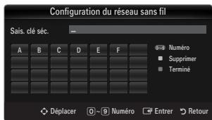 Configuration du réseau sans fil Sais. clé séc. A B C D E F Numéro Supprimer Terminé Déplacer 0 8 Numéro Entrer Retour