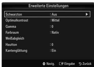 Erweiterte Einstellungen Schwarzton : Aus Optimalkontrast : Mittel Gamma : 0 Farbraum : Nativ Weißabgleich Hautton : 0 Kantenglättung : Ein Navig. Eingabe Zurück