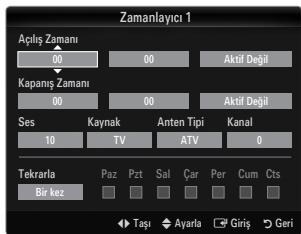 Zamanlayıcı 1 Açlış Zamanı 00 00 Aktif Değil Kapanış Zamanı 00 Aktif Değil Ses 10 Kaynak TV Anten Tipi ATV Kanal 0 Tekrarla Paz Pzt Sal Çer Per Cum Cts Bir kez Taşı Ayarla Giriş Geri