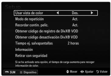 Setup Usar vista de color Des. Modo de repetición Act. Recordar contin. pelic. Act. Obtener código de registro de DivX® VOD Obtener código desactivación DivX® VOD Tiempo ej. salvapantallas 2 horas Información Retirar con seguridad Si se ha activado esta opción, el tiempo de carga aumenta para recoger información de color. SUM Dispositivo Mover Ajustar Volver