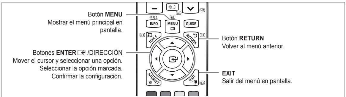 Botón MENU Mostrar el menú principal en pantalla. Botón RETURN Volver al menú anterior. Botones ENTER /DIRECCIÓN Mover el cursor y seleccionar una opción. Seleccionar la opción marcada. Confirmar la configuración. EXIT Salir del menú en pantalla.