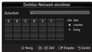 Drahtlos-Netzwerk einrichten SicherSchl. A B C D E F ● Zahl ■ Löschen ■ Fertig Navig. ○~● Zahl Eingabe Zurück