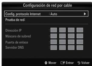 Configuración de red por cable Config. protocolo Internet : Auto Prueba de red: Dirección IP : Máscara de subred : Puerta de enlace : Servidor DNS : Mover Enrar Volver