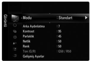 Modu : Standart Arka Aydinlatma : 7 Kontrast : 95 Parlaklık : 45 Netlik : 50 Renk : 50 Ton (G/R) : G50 / R50 Gelişmiş Ayarlar