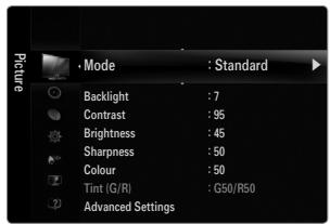 Mode : Standard Backlight : 7 Contrast : 95 Brightness : 45 Sharpness : 50 Colour : 50 Tint (G/R) : G50/R50 Advanced Settings