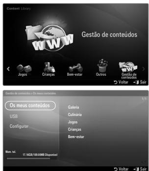 Contantei Líquary Gestão de conteúdos Jogos Chanças Bem-estar Outros Centro da conteúdo Volar → Soir Gendão de conteúdos - Os meus conteúdos Os meus conteúdos USB Configurar Galeria Cuiária Jogos Chanças Bem-estar 1/1 Mens. rel. 17.10CB/105.59MB Disponível Volar → Soir