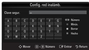 Config. red inalámb. Clave segur. — A B C D E F G H I J K L M N O P Q R S T U V W X Y Z Número Minús. Borrar Hecho Mover 0~9 Número Entrar Return
