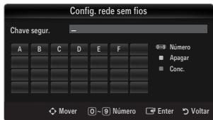 Config. rede sem fios Chave segur. A B C D E F ● Número □ Apagar ■ Conc. Mover 0 9 Número Enter Voltar