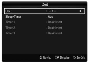 Zeit Uhr : -- : -- Sleep-Timer : Aus Timer 1 : Deaktiviert Timer 2 : Deaktiviert Timer 3 : Deaktiviert Navig. Eingabe Zurück