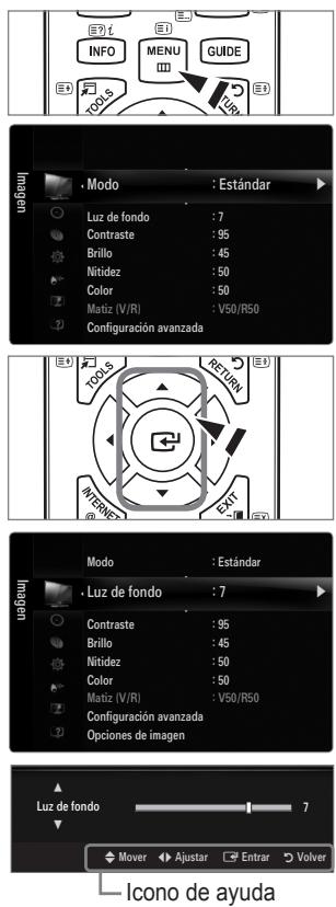 INFO MENU GUIDE TOOLS Modo : Estándar Luz de fondo : 7 Contraste : 95 Brillo : 45 Nitidez : 50 Color : 50 Matiz (V/R) : V50/R50 Configuración avanzada MODo : Estándar Luz de fondo : 7 Contraste : 95 Brillo : 45 Nitidez : 50 Color : 50 Matiz (V/R) : V50/R50 Configuración avanzada Opciones de imagen Luz de fondo Mover Ajustar Entrar Volver Icono de ayuda