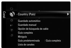Country (País) Guardado automático Guardado manual Opción de búsqueda de cable Guía completa Miniguía Guía predeterminada : Guía completa Lista de canales