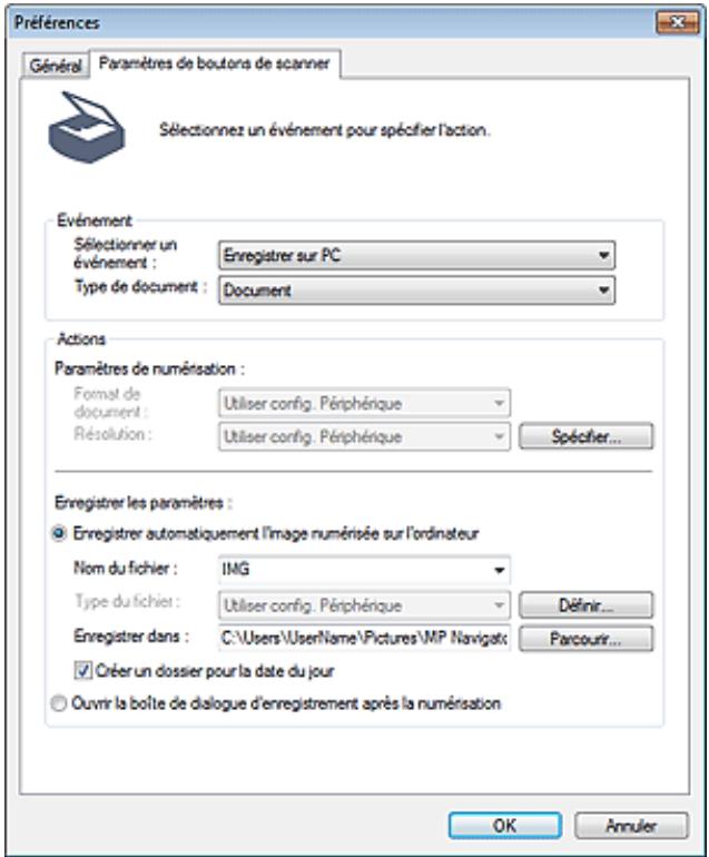 CANON PIXMA MG6250 - Onglet paramètres de boutons de scanner (enregistrer sur PC) - 1