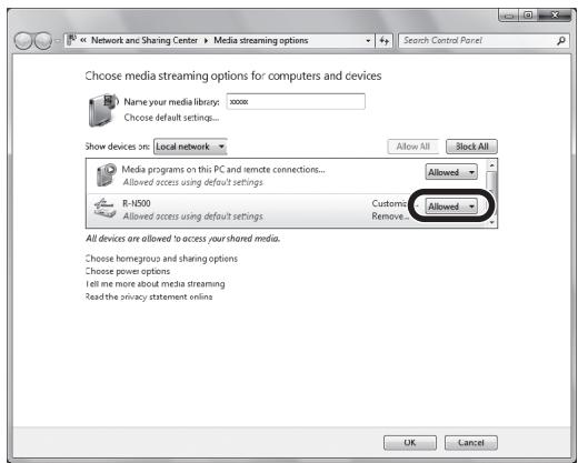 YAMAHA R-N500 - Select "Allowed" from the drop-down list next to "R-N500". - 1