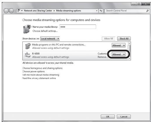 YAMAHA R-N500 - Välj "Tillåt" frän den nedrullningsbara listen intill "R-N500". - 1