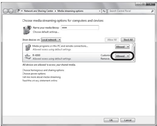 YAMAHA R-N500 - Seleccione "Permitido" en la lista desplegable situada jusqu a R-N500". - 1