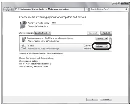 YAMAHA R-N500 - Sélectionnez « Autorisé » dans le menu dérounant à côté de « R-N500 » - 1